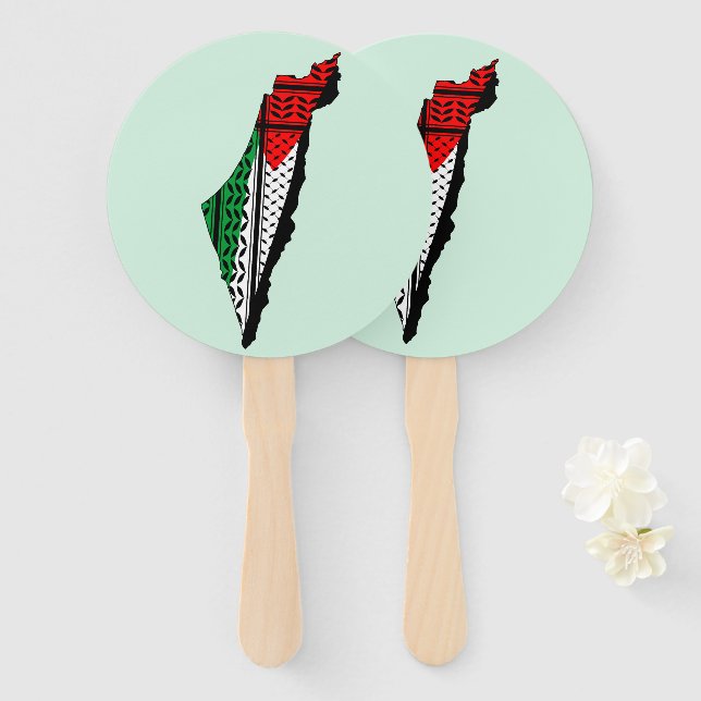 Palestine Map whith Flag and Keffiyeg Pattern Hand Fan (Front and Back)
