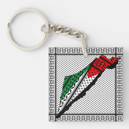 Palestine Map whith Flag and Keffiyeg Pattern Keychain