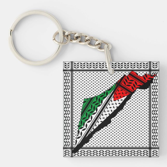 Palestine Map whith Flag and Keffiyeg Pattern Keychain (Front)