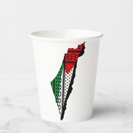 Palestine Map Whith Flag And Keffiyeg Pattern Paper Cups
