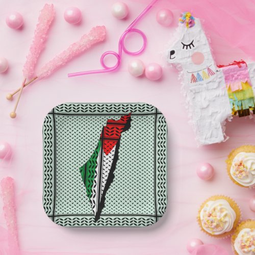 Palestine Map whith Flag and Keffiyeg Pattern Paper Plates