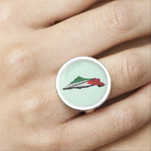 Palestine Map whith Flag and Keffiyeg Pattern Ring