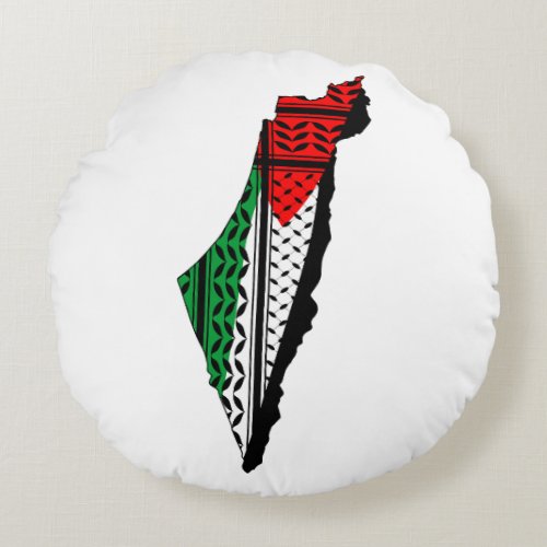 Palestine Map whith Flag and Keffiyeg Pattern Round Pillow