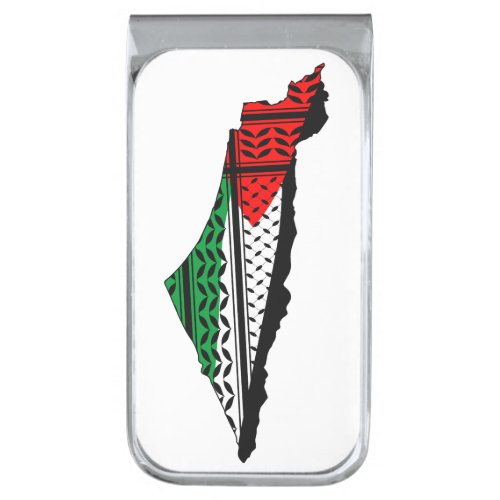 Palestine Map whith Flag and Keffiyeg Pattern Silver Finish Money Clip