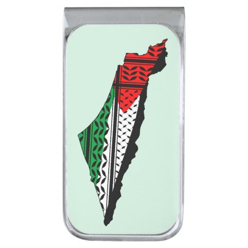 Palestine Map whith Flag and Keffiyeg Pattern Silver Finish Money Clip