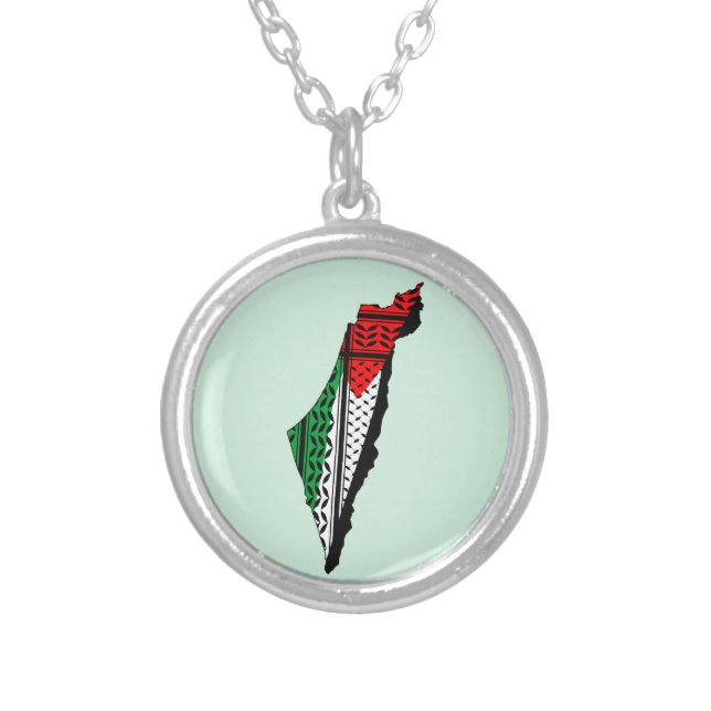 Palestine Map whith Flag and Keffiyeg Pattern Silver Plated Necklace (Front)