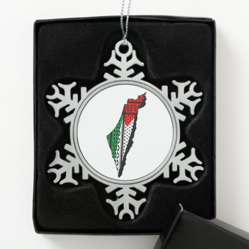 Palestine Map whith Flag and Keffiyeg Pattern Snowflake Pewter Christmas Ornament