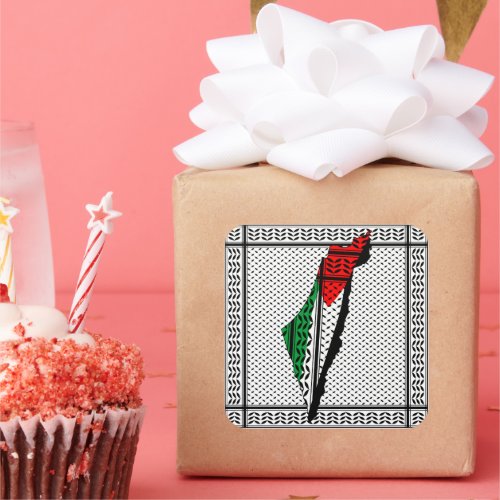 Palestine Map whith Flag and Keffiyeg Pattern Square Sticker