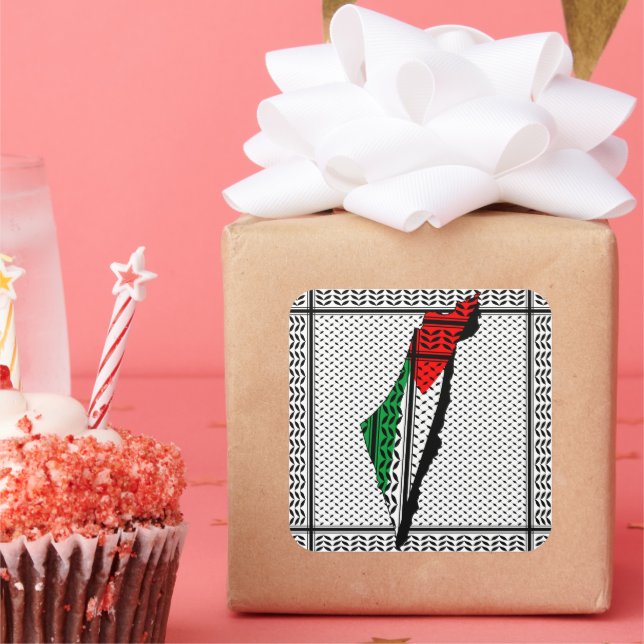 Palestine Map whith Flag and Keffiyeg Pattern Square Sticker (Party)