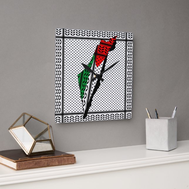 Palestine Map whith Flag and Keffiyeg Pattern Square Wall Clock (Office)