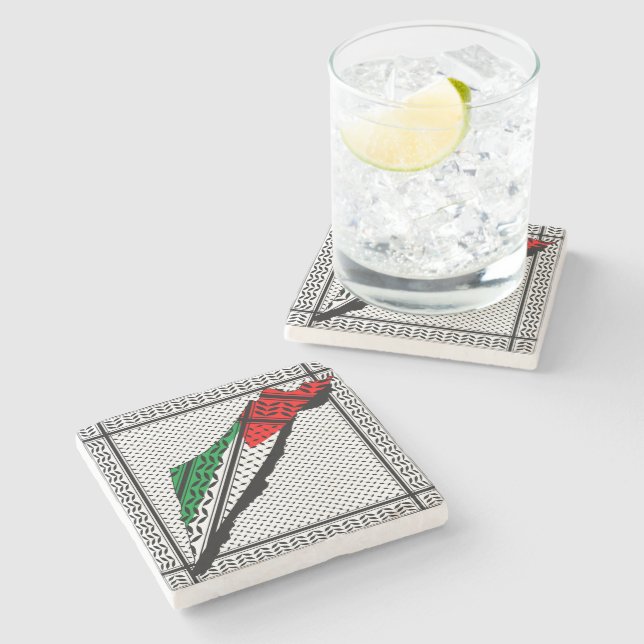 Palestine Map whith Flag and Keffiyeg Pattern Stone Coaster (Side)