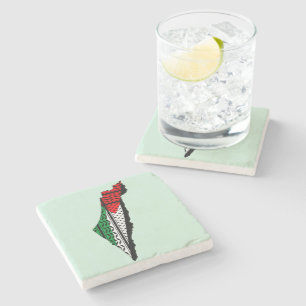 Palestine Map whith Flag and Keffiyeg Pattern Stone Coaster