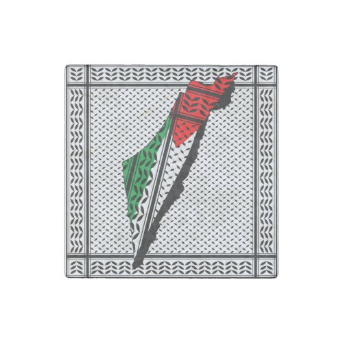 Palestine Map whith Flag and Keffiyeg Pattern Stone Magnet