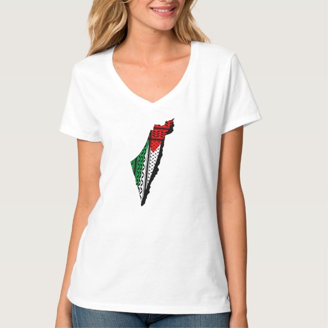 Palestine Map whith Flag and Keffiyeg Pattern T-Shirt (Front)