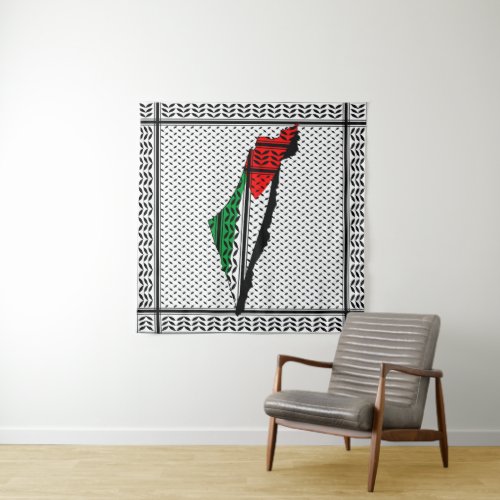 Palestine Map whith Flag and Keffiyeg Pattern Tapestry
