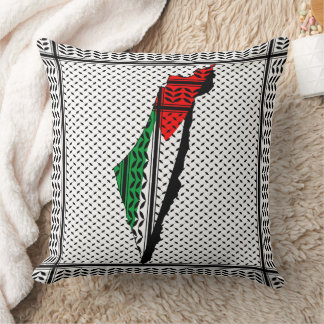 Palestine Map whith Flag and Keffiyeg Pattern Throw Pillow