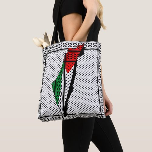 Palestine Map whith Flag and Keffiyeg Pattern Tote Bag