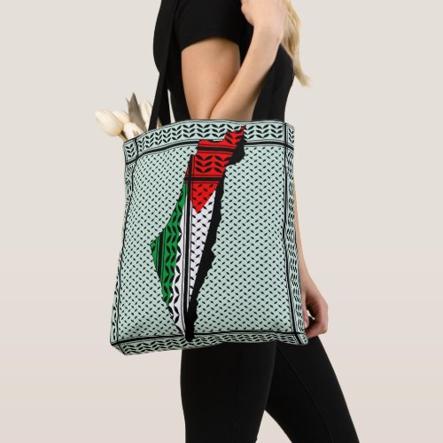 Palestine Map whith Flag and Keffiyeg Pattern Tote Bag