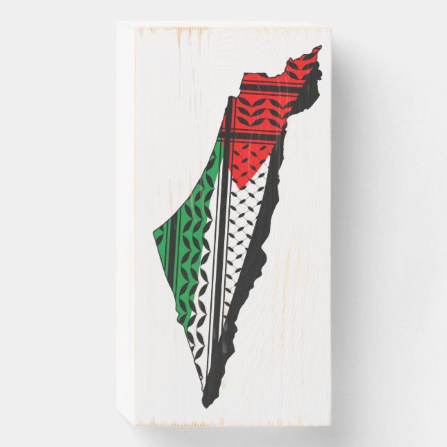 Palestine Map whith Flag and Keffiyeg Pattern Wooden Box Sign (Front Vertical)
