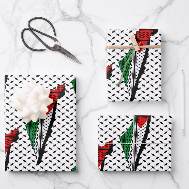 Palestine Map whith Flag and Keffiyeg Pattern Wrapping Paper Sheets (Front)