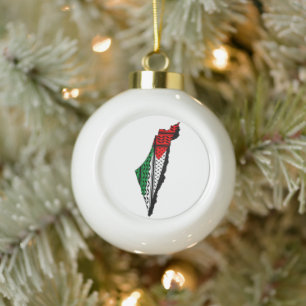 Palestine Map with Flag and Keffiyeh Ceramic Ball Christmas Ornament