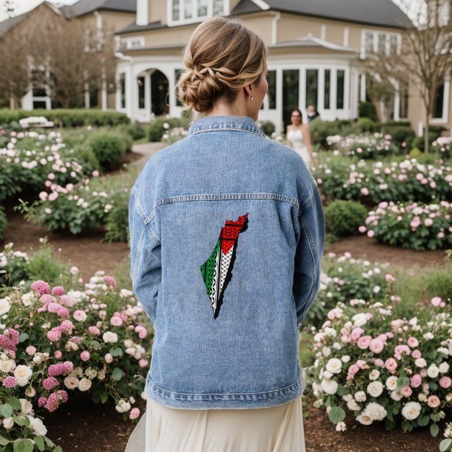 Palestine Map with Flag and Keffiyeh Denim Jacket (Wedding Back)