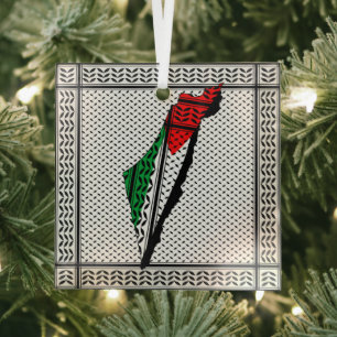Palestine Map with Flag and Keffiyeh Glass Ornament