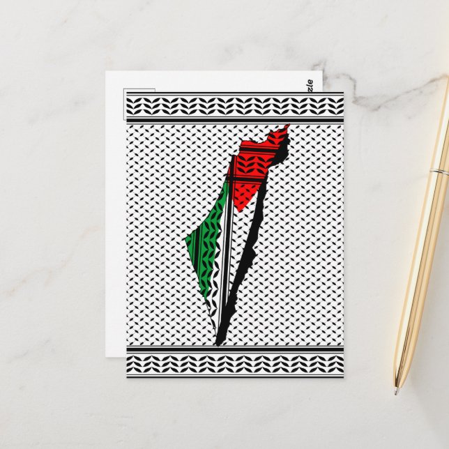 Palestine Map with Flag and Keffiyeh Postcard (Front/Back In Situ)