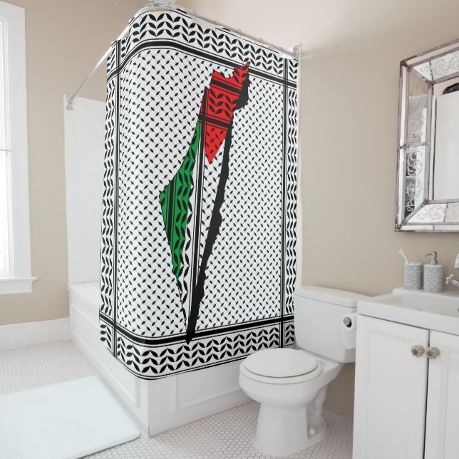 Palestine Map with Flag and Keffiyeh Shower Curtain (In Situ)