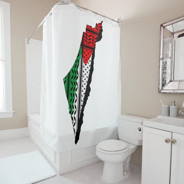 Palestine Map with Flag and Keffiyeh Shower Curtain (In Situ)