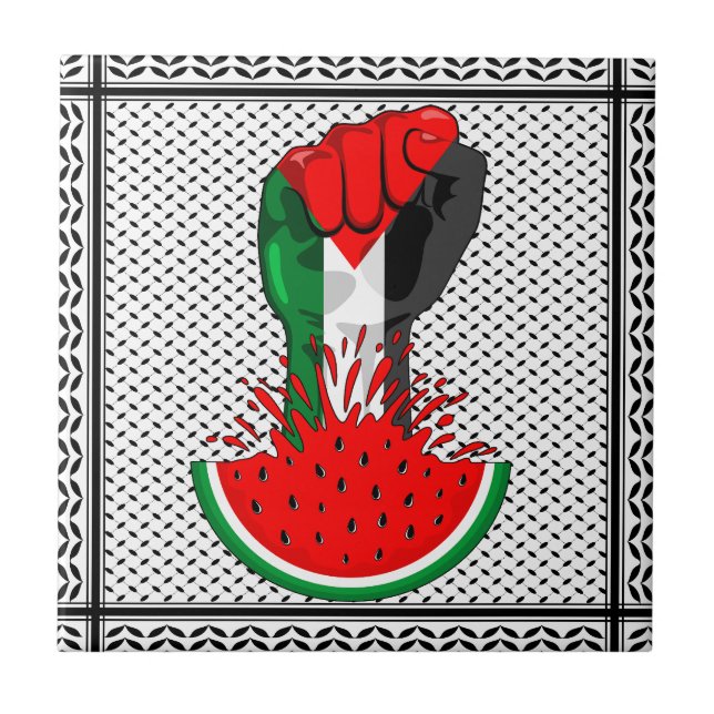 Palestine resistance fist on Watermelon Ceramic Tile (Front)