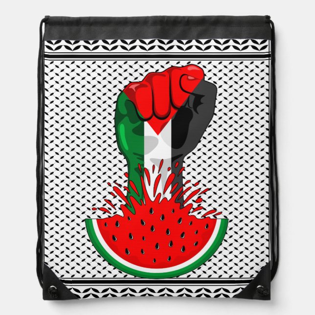 Palestine resistance fist on Watermelon Drawstring Bag (Front)