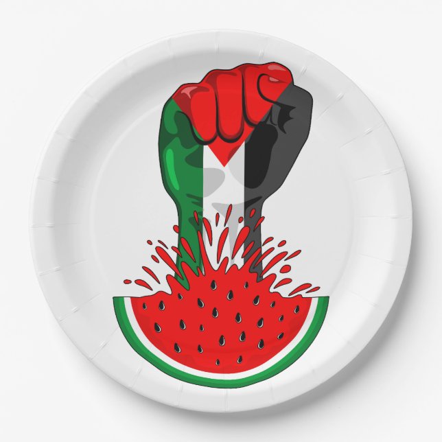 Palestine resistance fist on Watermelon Paper Plates (Front)