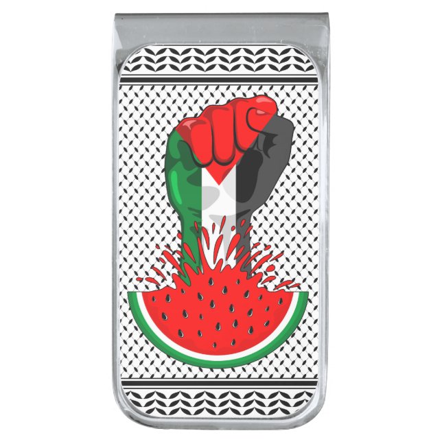 Palestine resistance fist on Watermelon Silver Finish Money Clip (Front Vertical)