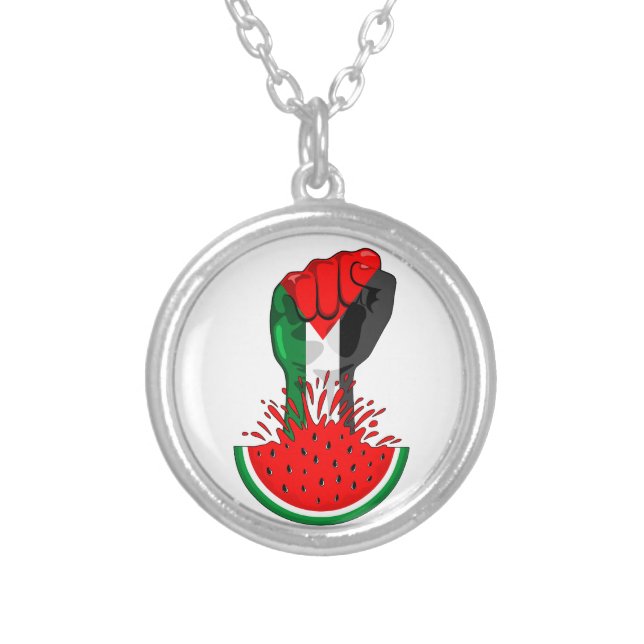 Palestine resistance fist on Watermelon Silver Plated Necklace (Front)