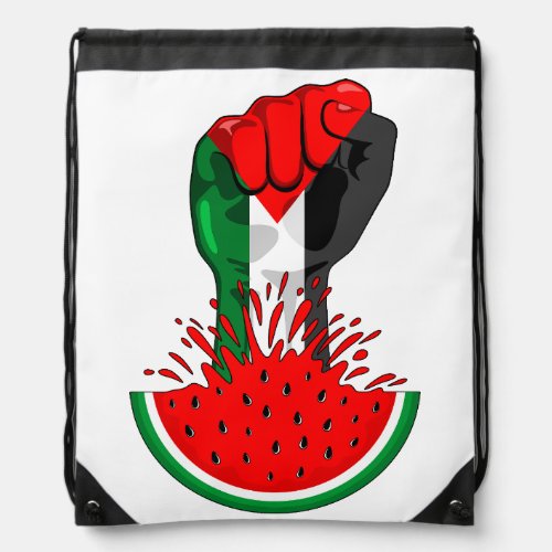 Palestine resistance fist on Watermelon Symbol of  Drawstring Bag