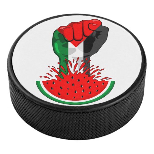 Palestine resistance fist on Watermelon Symbol of  Hockey Puck