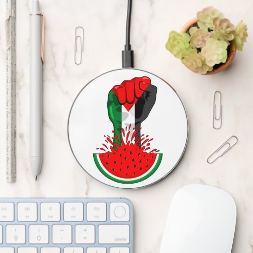 Palestine resistance fist on Watermelon Symbol of  Wireless Charger