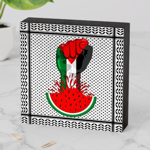 Palestine resistance fist on Watermelon Symbol of  Wooden Box Sign