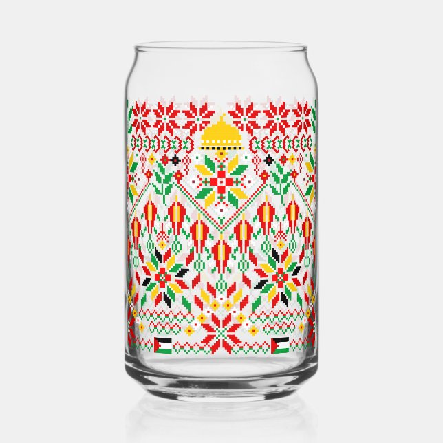 Palestine Tatreez Traditional Embrodery Can Glass (Front)