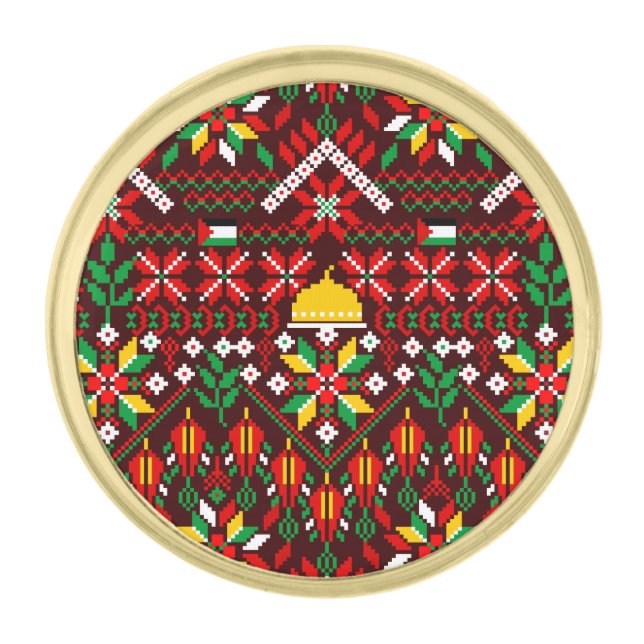 Palestine Tatreez Traditional Embrodery Gold Finish Lapel Pin (Front)