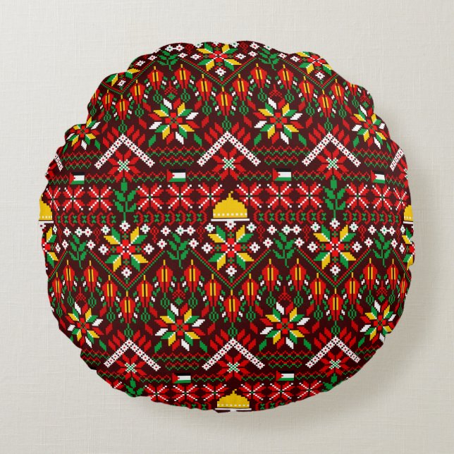 Palestine Tatreez Traditional Embrodery Round Pillow (Front)