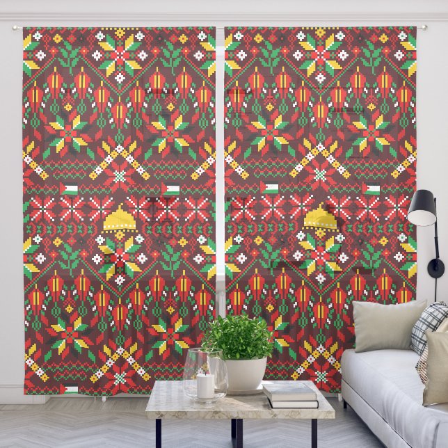 Palestine Tatreez Traditional Embrodery Sheer Curt Curtains (Living Room)