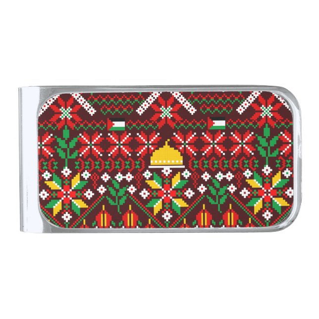 Palestine Tatreez Traditional Embrodery Silver Finish Money Clip (Front)