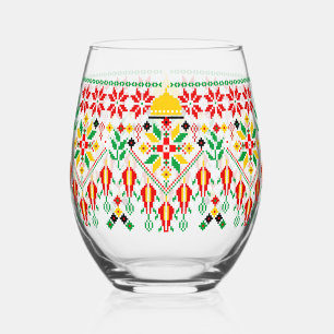 Palestine Tatreez Traditional Embrodery Stemless Wine Glass