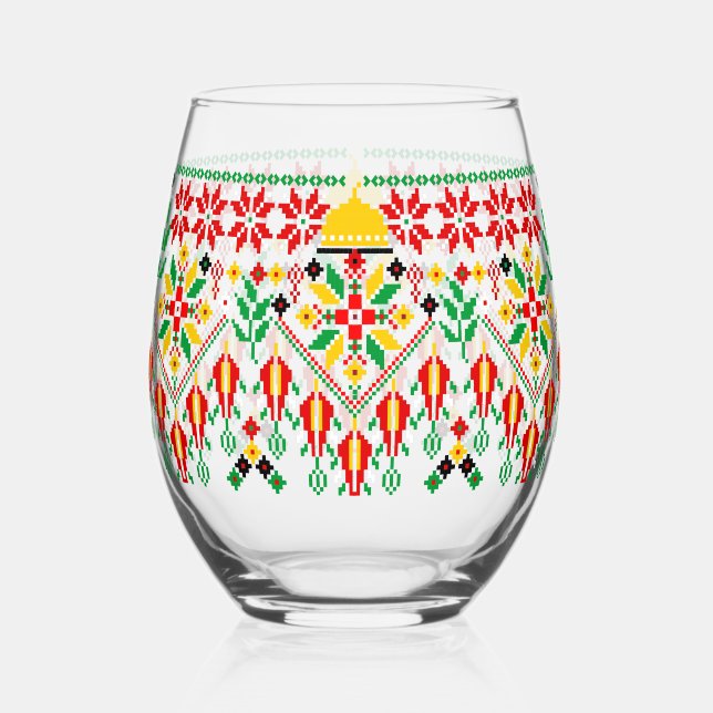 Palestine Tatreez Traditional Embrodery Stemless Wine Glass (Front)