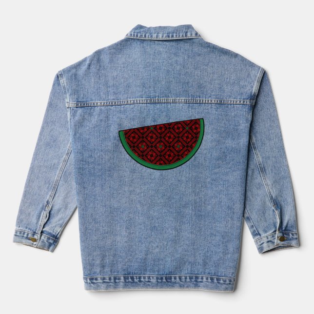 Palestine watermelon Embroidery red tatreez  Denim Jacket (Back)