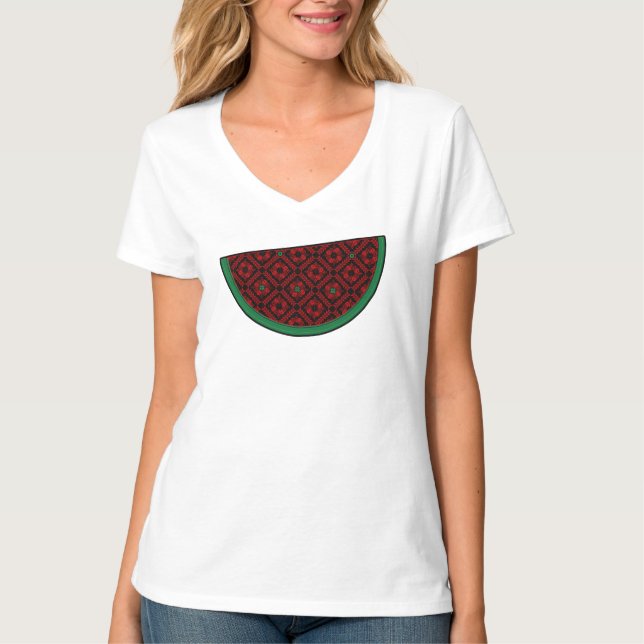 Palestine watermelon Embroidery red tatreez  T-Shirt (Front)