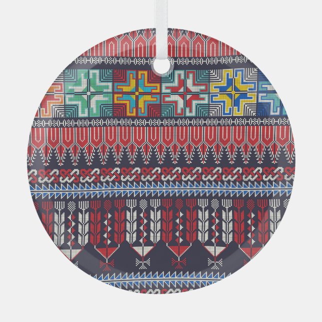 Palestinian Embroidery Motif Pattern. Glass Ornament (Front)