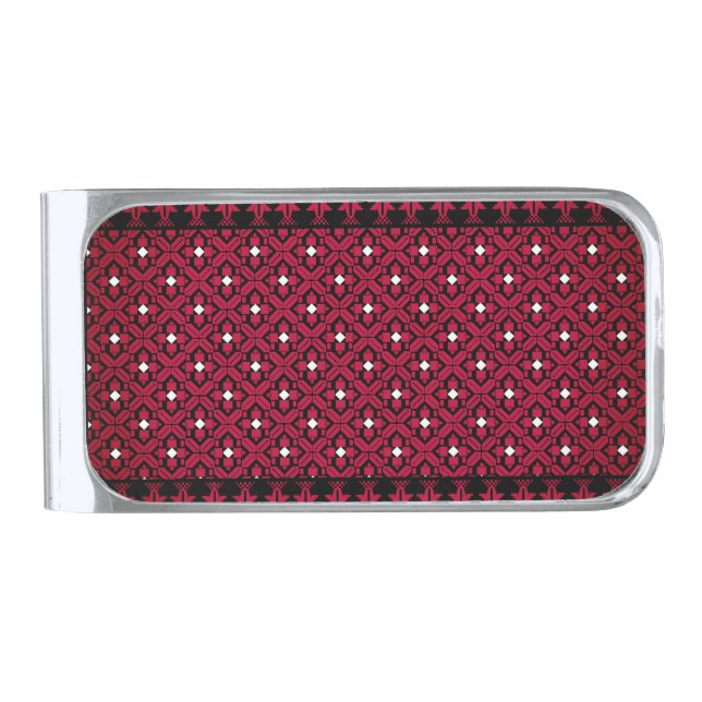 Palestinian Embroidery Tatreez printed design Silver Finish Money Clip (Front)